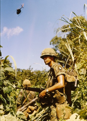 A Radio Telephone Operator (RTO)of the 101st Airborne on patrol near Mai Loc, twelve miles from the DMZ.