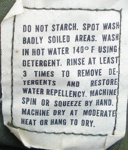 1967 dated OG-107 poplin boonie laundering instructions label.