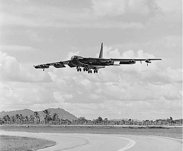 A USAF B-52 comes in to land at  U-Tapao Air Base in Thailand after a mission over South Vietnam.