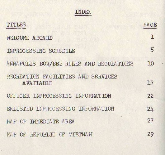 Contents page of the Annapolis BOQ / BEQ Welcome To the Republic Of Vietnam booklet.