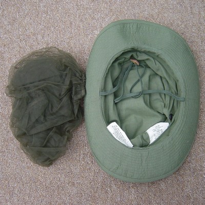 Inside view of a 2nd Pattern Olive Green 107 Tropical Hat with insect net.