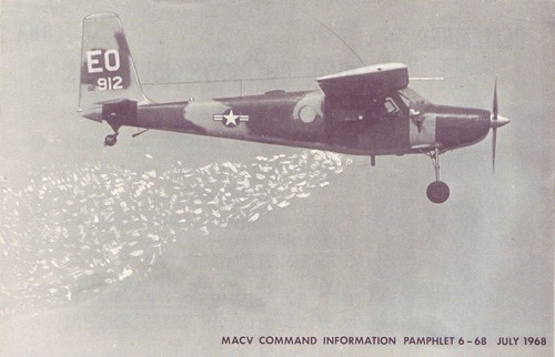 The back cover of the 1968 'Chieu Hoi: The Winning Ticket' pamphlet featured a photo of an aircraft dropping psyop leaflets.