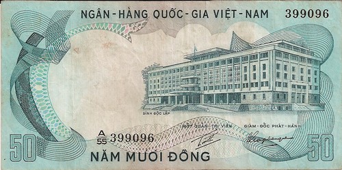 Front of a 50 Dong banknote that features a picture of the Independence Palace in Saigon.
