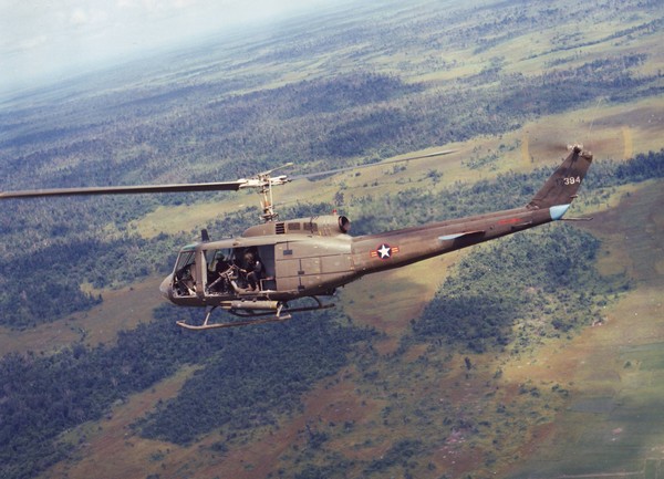 Vietnamese Air Force UH-1H helicopter in flight.