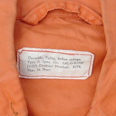 Label inside the Indian Orange Flying Coveralls.
