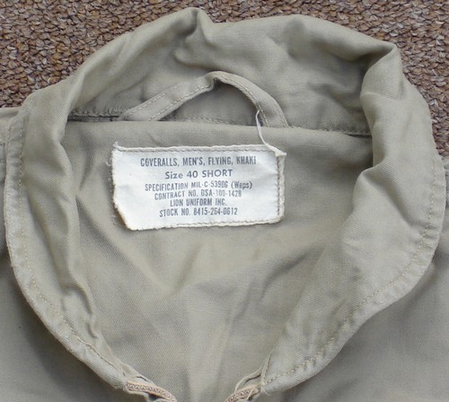 Nomenclature, contract and size label inside the Khaki Summer Flying Coveralls.