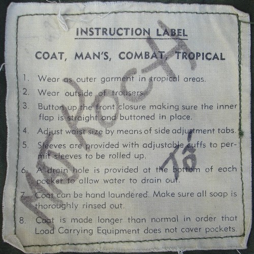 Instruction label from a first pattern Tropical Combat Jacket.