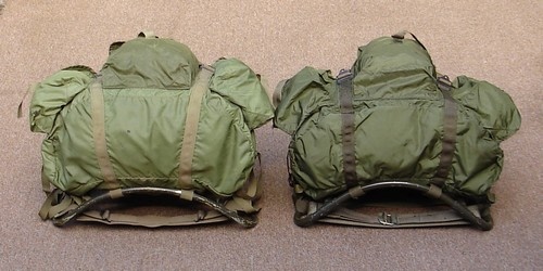 The riveted frame of the 1968 model Lightweight Rucksack (Right) had a more pronounced arch than the 1964 welded frame (Left).