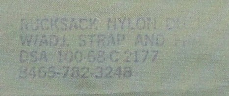 Nomenclature and contract stamp in the 1968 Lightweight Rucksack pack.