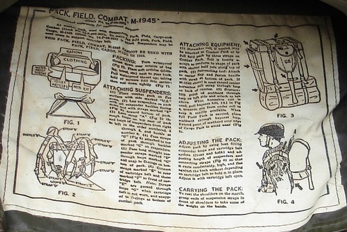 The M1945 combat pack's instruction sheet was located on the underside of the rubberized waterproof throat lining.