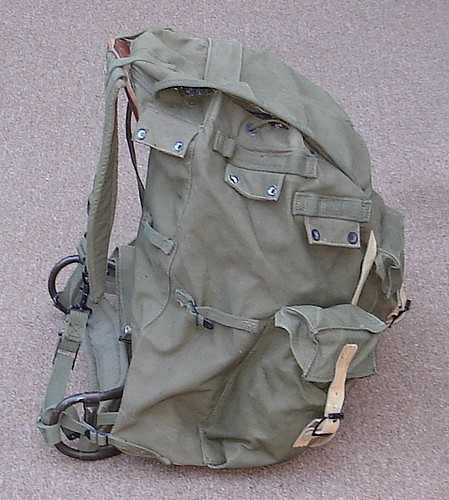 The left side of the M1952 Rucksack rucksack boasted three cotton duck equipment hangers.