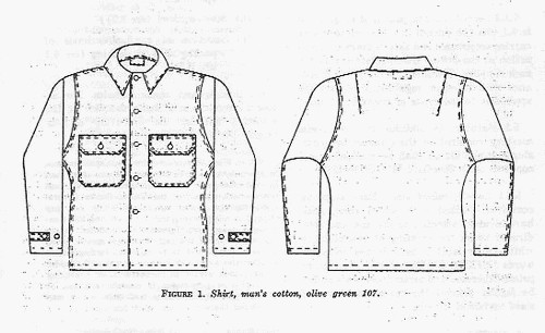 The Utility Shirt produced under Military Specification MIL-S-3001E (12 April 1963) featured clip cornered pocket flaps, adjustable sleeve tabs and back darts.