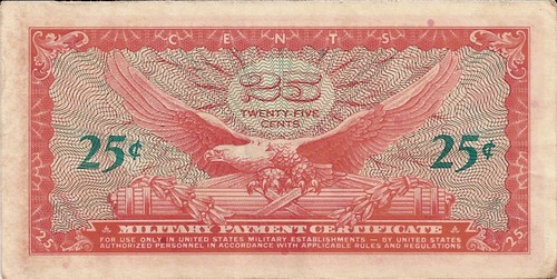 Back of the 641 series 25 Cents Military Payment Certficate.