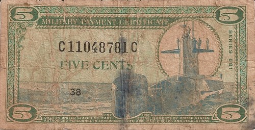 Front of the 681 series 5 Cents MPC.