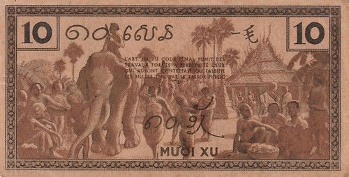 Back of the 10 Cents French Indochina banknote.