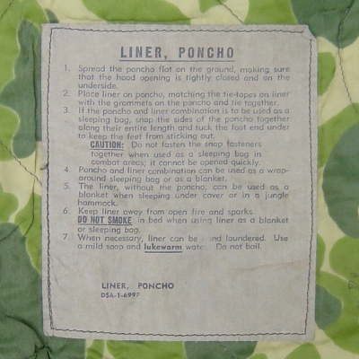 Instruction label from the spot camouflage Poncho Liner.