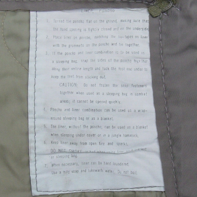 Label of the 1st Pattern Poncho Liner.