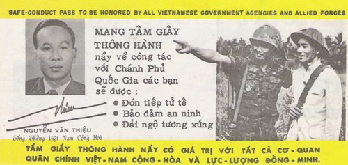 The 7 flag Chieu Hoi pass bearing the photo and signature of president Nguyen Van Thieu was developed in January 1968.