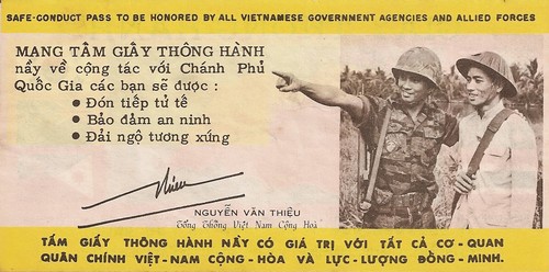 The final version of the 7 flag Chieu Hoi pass featured just the signature of president Nguyen Van Thieu.