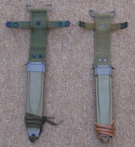 The early scabbard had a leather leg tie, whilst the later version featured a steel point cap with a nylon lace ite.