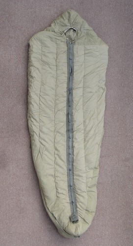 The mummy shaped M1949 Mountain Sleeping Bag was designed to be used in temperatures of 14 to 50 degrees Fahrenheit.