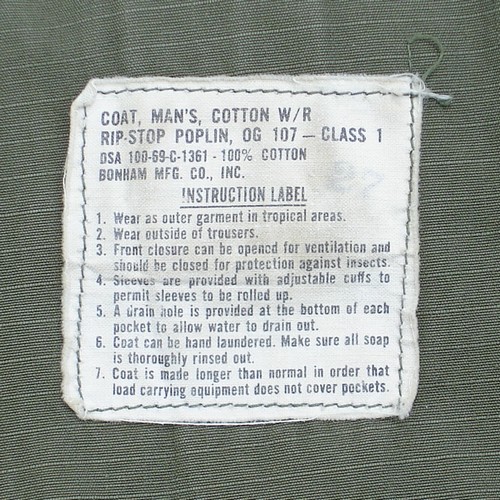 Instruction label from the 5th pattern Tropical Combat Jacket.