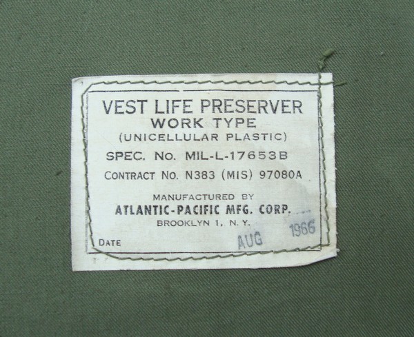 Nomenclature and contract label from a Work Type Life Preserver.