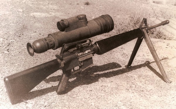 M16A1 Rifle with AN/PVS-1 Night Vision Sight (1st Generation Starlight Scope) and M3 Bipod.