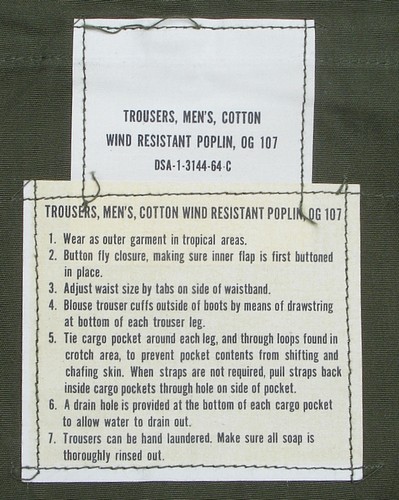 First pattern Tropical Combat Trousers instruction and contract labels.