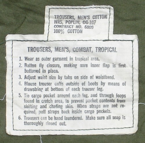 2nd pattern Tropical Combat Trousers instruction and contract label