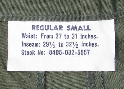 4th pattern Tropical Combat Trousers size label with waist size, inseam and FSN number.