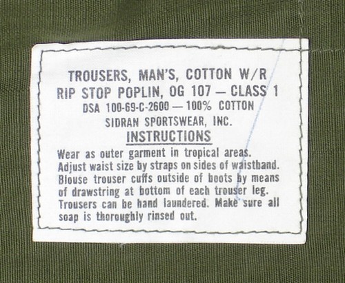 6th pattern Tropical Combat Trousers instruction and contract label.