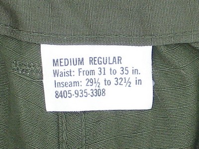 6th pattern Tropical Combat Trousers size label with waist size, inseam and FSN number.